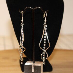 Silver Tone Twist Earrings Crystal Chandelier 3" L Swirl Dangle w/Crystal Accent